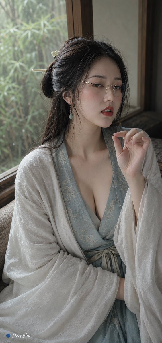 写实人像摄影，竖幅；成年东亚女性，白皙细腻真实皮肤；长发，宋制低髻，几缕碎发自然落在脸侧；无框细金属边眼镜；精致古典妆容，细长眼线，长睫毛，淡粉腮红，朱红唇色…