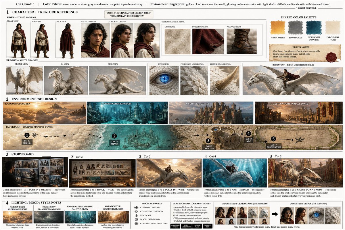 分镜（16:9）—— 用全景镜头方法保持龙骑士的一致性 风格 画幅比例：16:9 风格：电影级奇幻、超写实、AAA电影概念艺术 光线：黄金时刻 → 多云天空…
