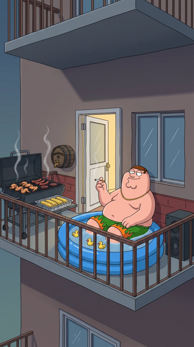 • 图像提示（Nano Banana）： 《Family Guy》（《恶搞之家》）一集中的一个背景镜头。2D 传统电视动画，采用该剧完全一致的本片美术风格…