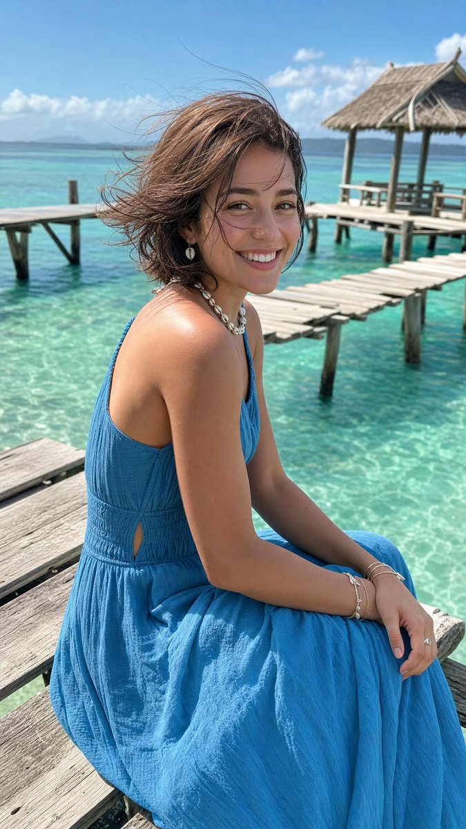 超写实电影感夏日人像:一位年轻女子坐在清澈热带海水上方的质朴木制码头上,纵向 4:5 构图。她身穿飘逸的青蓝色棉质长吊带连衣裙,腰部修身,面料带有细微纹理,裙摆长而飘逸。她佩戴贝…
