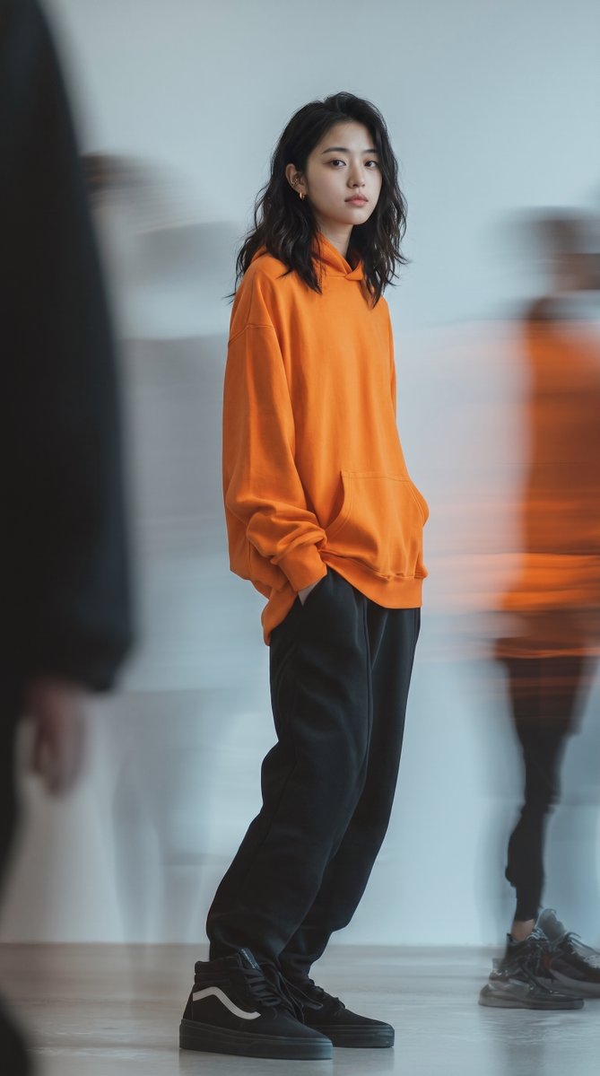 时尚大片摄影：一位年轻的东亚女性站在现代极简风格的摄影棚中。她身穿一件鲜艳的宽松橙色连帽衫，宽松的黑色运动裤，裤脚在脚踝处收紧，脚下是一双带白色波浪条纹的黑色…