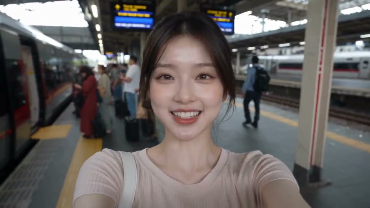 超逼真的休闲智能手机旅行 vlog,由一位固定的二十出头年轻韩国女性首次乘坐火车,全程用自然流畅的英语说话并精准对口型。全部由她本人手持真实智能手机拍摄,必须…
