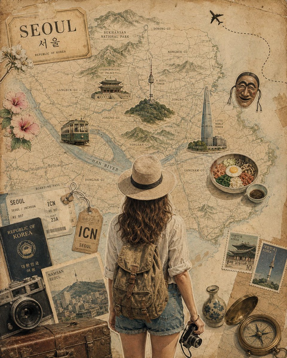 创作一幅精致的复古旅行拼贴海报，灵感来自[Country Name]，采用严格的4:5竖版肖像画幅。 以一张大幅、质感精美、纹理丰富的[Country Name]复古地图作为主要…