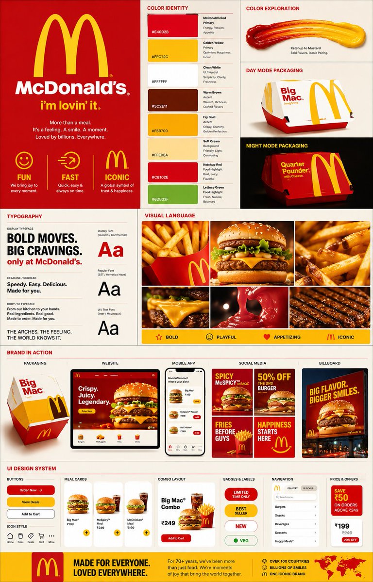 为麦当劳（McDonald’s）打造一张高端创意机构品牌识别展示海报。将品牌无可挑剔的视觉识别转化为一套完整、精良的品牌系统，使其呈现出鲜明、易识别、充满活力…