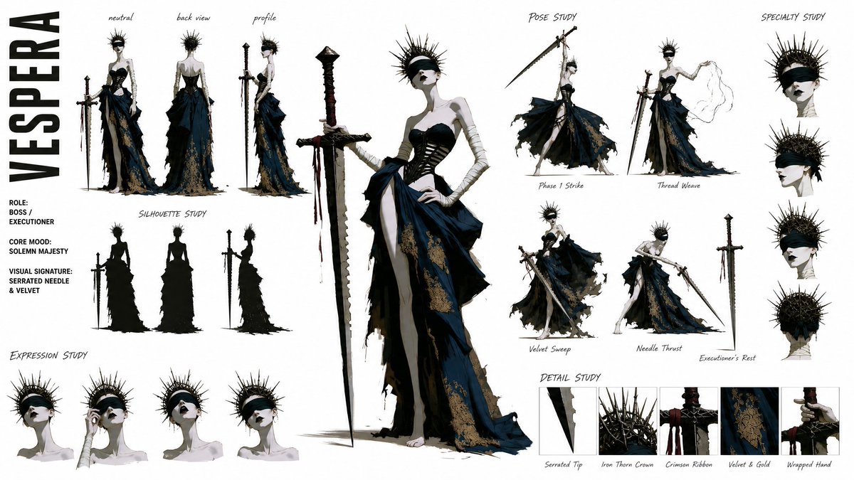 在纯白背景上,以 16:9 宽屏布局创建一份高端、现代的时尚 CHARACTER CONCEPT ART SHEET(角色概念美术设定图)。所附参考图片定义了艺术风格 —— 请将…