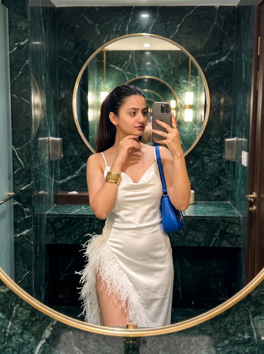 { "core_content": { "main_description": "一位时尚的年轻女士在豪华浴室中对着镜子自拍,身穿优雅的白色丝绸吊带裙,裙边饰…