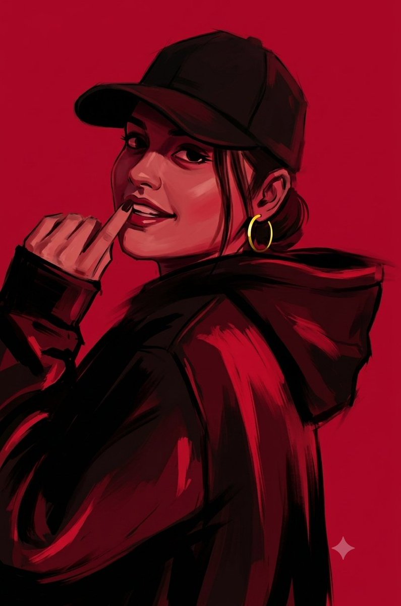 戴着棒球帽的美丽嘻哈女性，模糊效果，绘画般的笔触，极简插画。背景是纯粹的宝石红色。动态的角色角度配以运动模糊。角色以黑红色调为主，穿着黑色服装，与戏剧性的红色灯光和阴影形成对比…