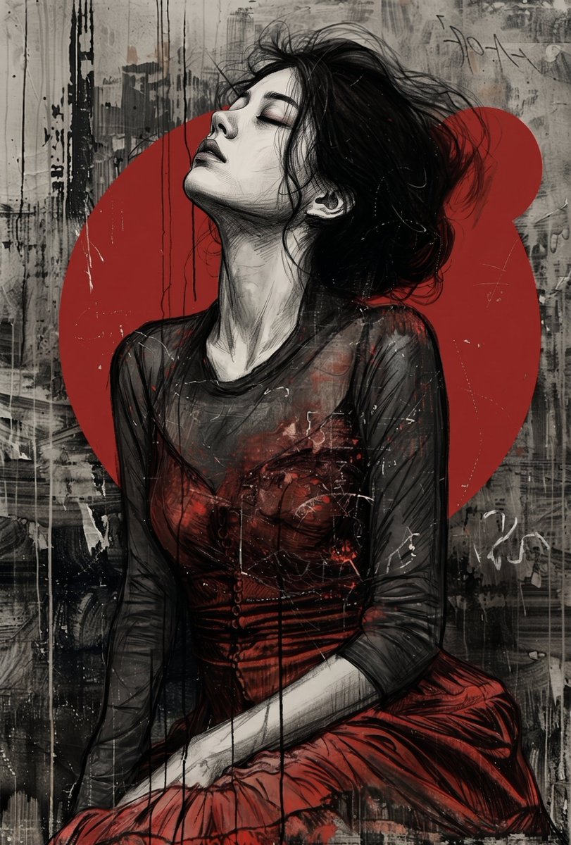 一幅戏剧性的混合媒介艺术作品，描绘一位女性向后倾斜，下巴朝向天空扬起，双眼紧闭，呈现出富有表现力的、宣泄般的姿态。她有着深色的、被风吹拂的头发，梳理成松散的飞…