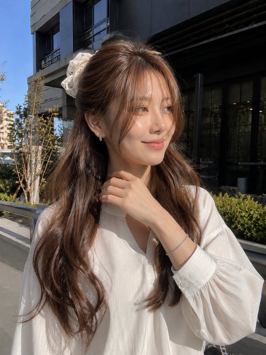 一张年轻女性的户外写实主义肖像照，她站在现代建筑外的明亮自然阳光下。她有一头浓密蓬松的浅棕色长发，呈现出柔和流畅的波浪卷，发帘式刘海轻盈地修饰着面部轮廓。她的头发部分用一只精致的…