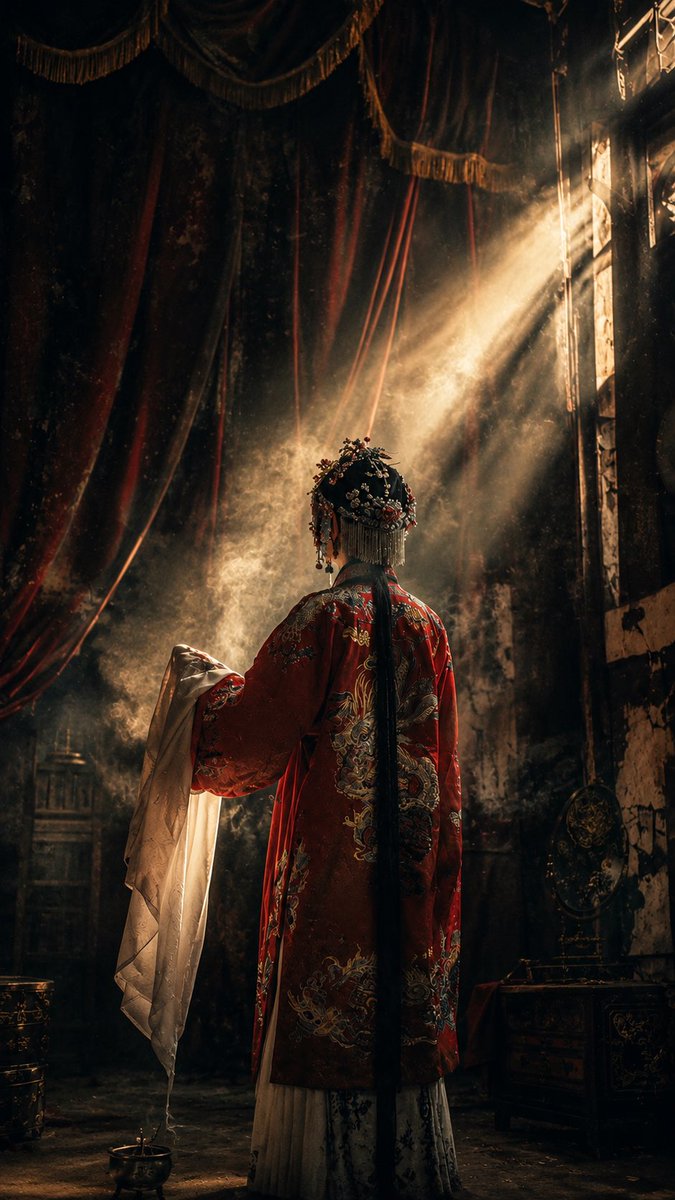 这个提示词的核心是中国神秘主义 + 欧洲艺术电影 + 古典大师油画 + 35毫米胶片。正是这种组合赋予了我所追求的视觉语言:初看像摄影;再看像电影剧照;看得越久,越觉得它像一幅缓…
