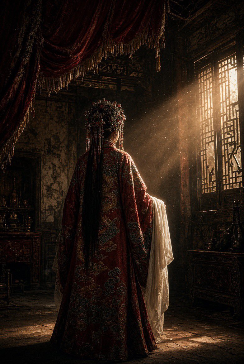 这个提示词的核心是中国神秘主义 + 欧洲艺术电影 + 古典大师油画 + 35毫米胶片。正是这种组合赋予了我所追求的视觉语言:初看像摄影;再看像电影剧照;看得越久,越觉得它像一幅缓…
