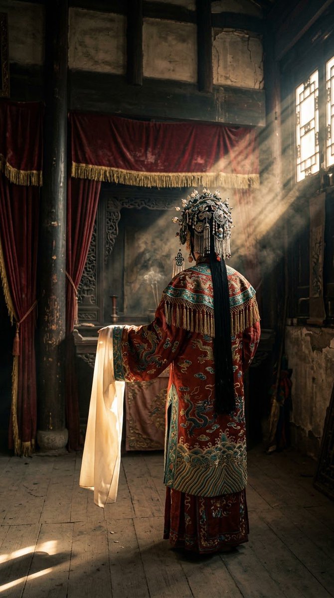 这个提示词的核心是中国神秘主义 + 欧洲艺术电影 + 古典大师油画 + 35毫米胶片。正是这种组合赋予了我所追求的视觉语言:初看像摄影;再看像电影剧照;看得越久,越觉得它像一幅缓…