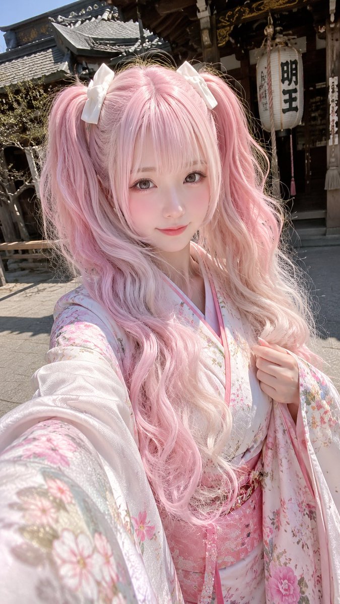 🤳🇯🇵👘🦵😜🫰发型采用高位双马尾公主切风格：粉白渐变的超长卷发，在头顶两侧扎成对称高双马尾；顶部保留齐眉厚实刘海，两侧以细碎发丝修饰脸型。双马尾从发根开始蓬松…