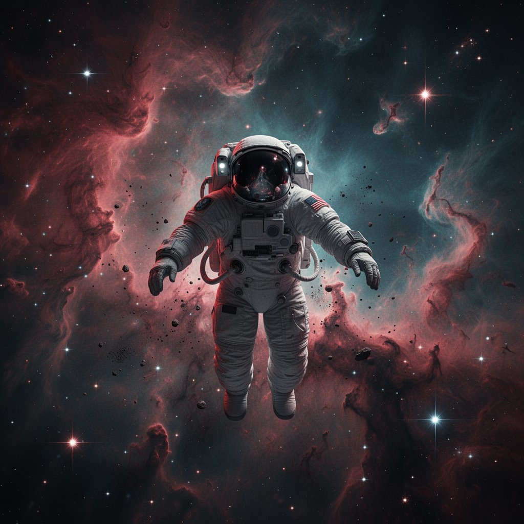 一名孤独的宇航员在深空中失重漂浮,被浓密翻腾的红蓝星云所环绕,周围散布着宇宙尘埃与星光,戏剧性的体积光,强烈对比,细节丰富的反光头盔面罩,电影级科幻氛围,阴郁…