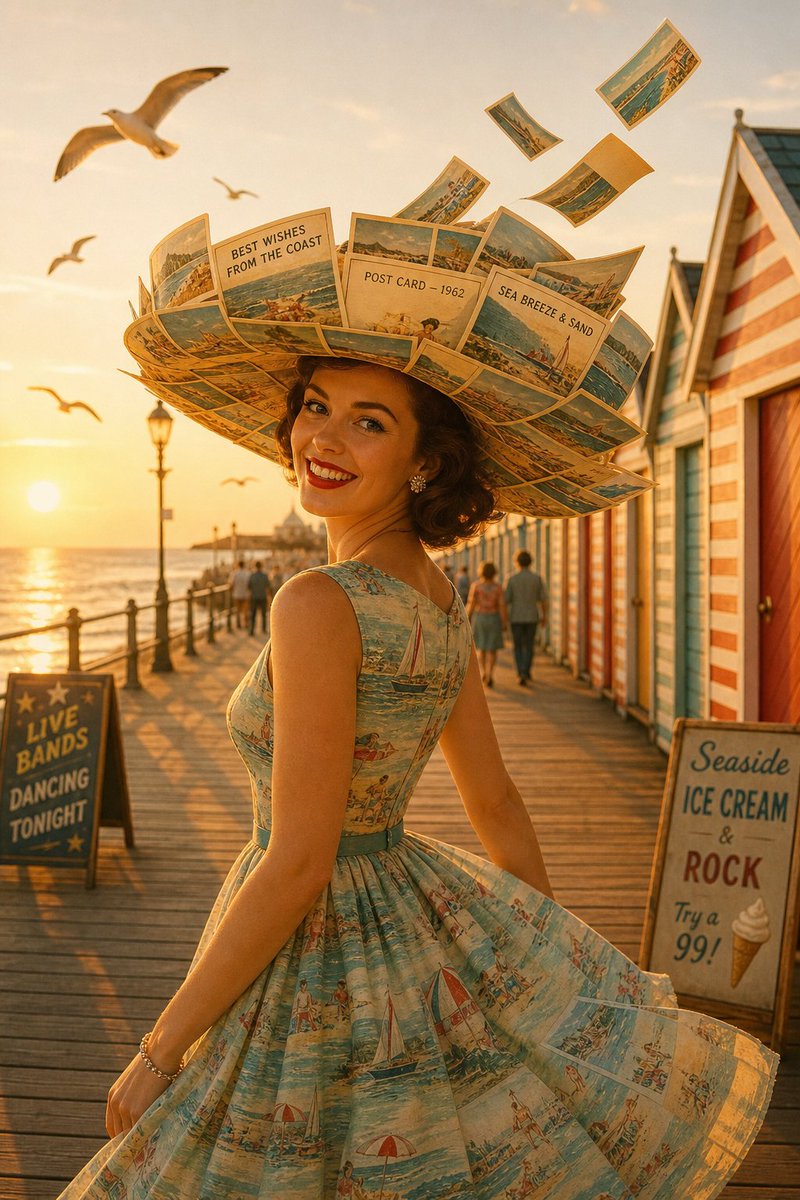 黄金时分的海滨木板栈道。一位美丽的女子身穿1960年代风格的连衣裙，戴着一顶由老旧明信片制成的宽檐帽——明信片上印着的小字清晰可见："BEST WISHES…