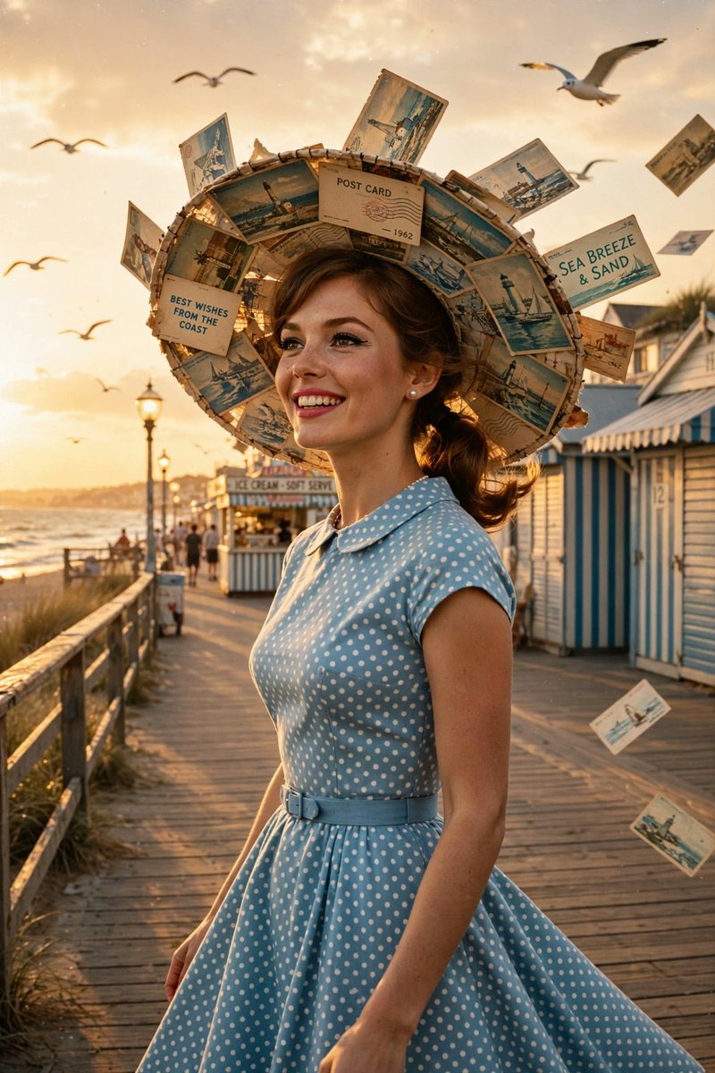 黄金时分的海滨木板栈道。一位美丽的女子身穿1960年代风格的连衣裙,戴着一顶由老旧明信片制成的宽檐帽——明信片上印着的小字清晰可见:"BEST WISHES FROM THE C…