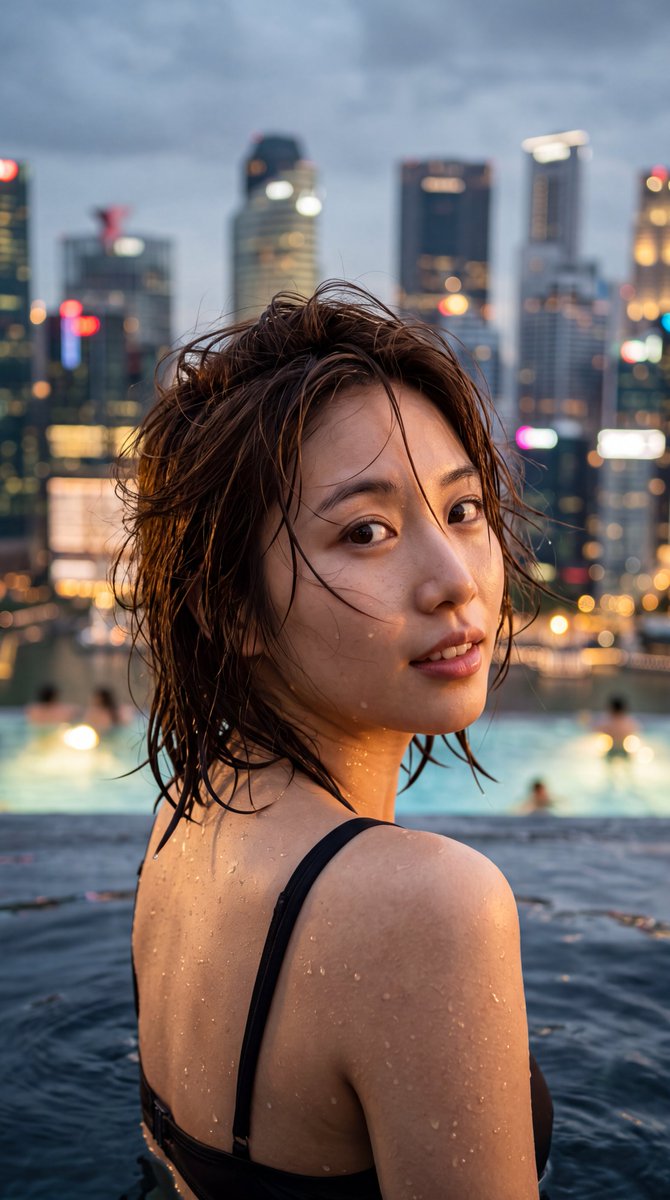 [Nano Banana 2 Prompt] ar 9:16 4K 一张高度写实、电影感的特写肖像照：一位年轻的东亚女性，拥有白皙、带有水光的肌肤，转头越过右…