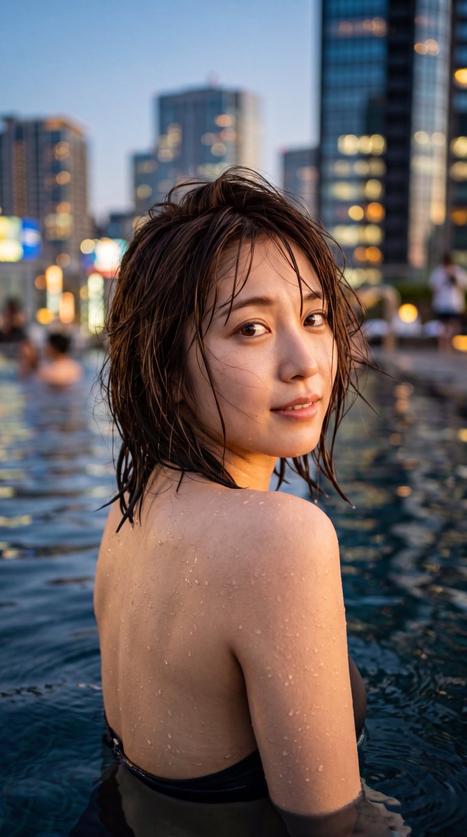 [Nano Banana 2 Prompt] ar 9:16 4K 一张高度写实、电影感的特写肖像照：一位年轻的东亚女性，拥有白皙、带有水光的肌肤，转头越过右肩回望镜头。她留着齐…