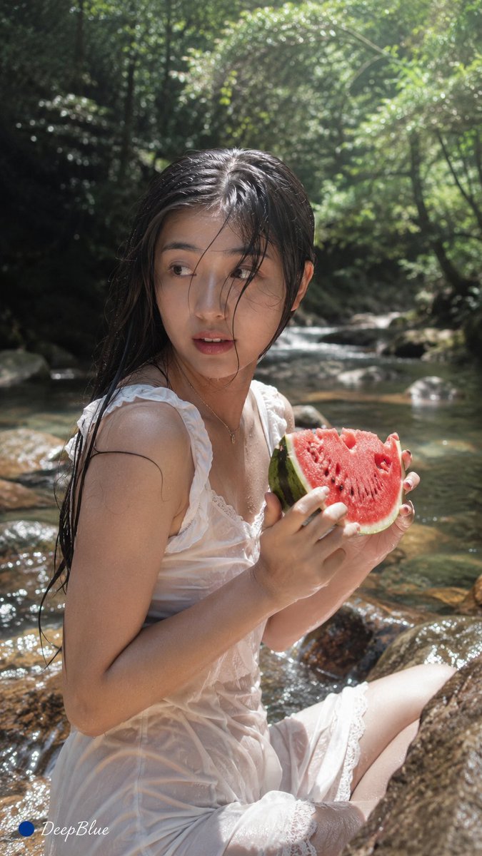 iPhone 17 Pro｜9:16竖幅｜真实手机随拍，成年东方女性，随机动作和表情，白色轻薄夏装，湿发，自然手持一块西瓜，盛夏溪边，树荫、阳光、清凉溪水，随机镜头；生活化抓拍…