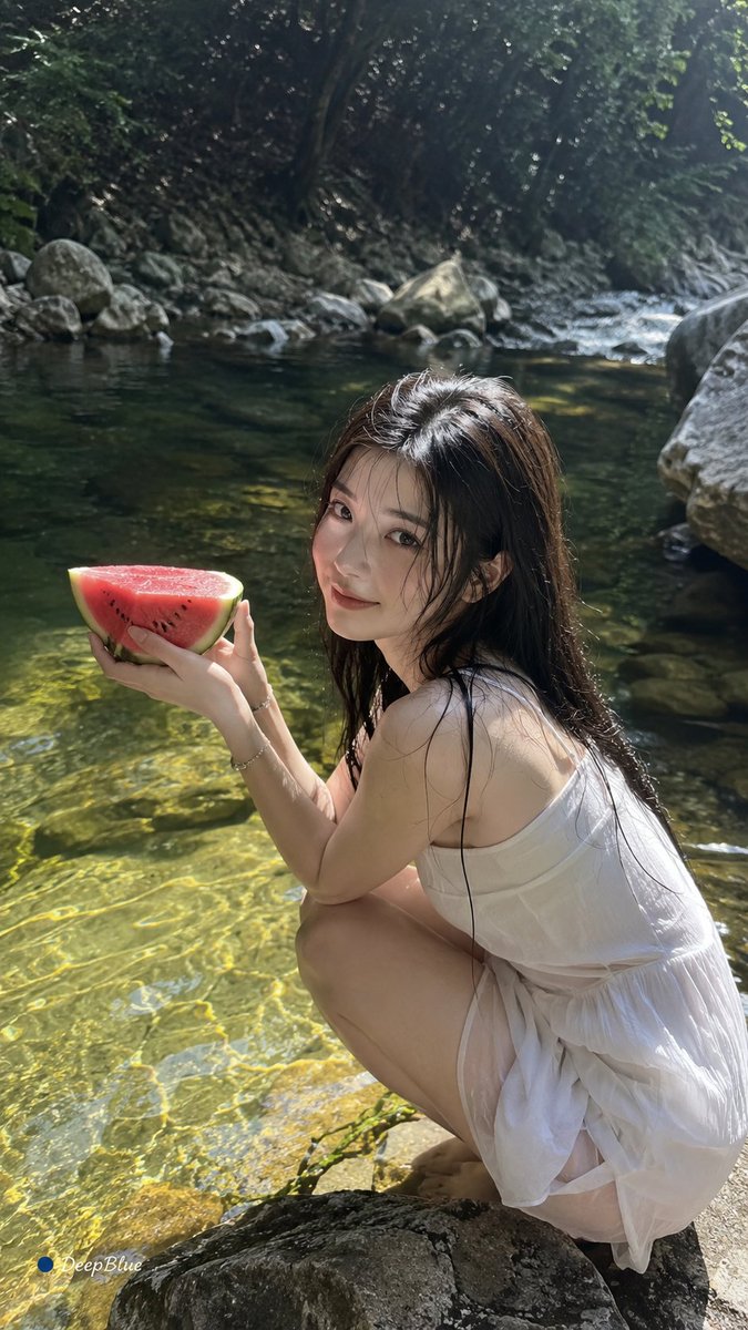 iPhone 17 Pro｜9:16竖幅｜真实手机随拍，成年东方女性，随机动作和表情，白色轻薄夏装，湿发，自然手持一块西瓜，盛夏溪边，树荫、阳光、清凉溪水，随机镜头；生活化抓拍…
