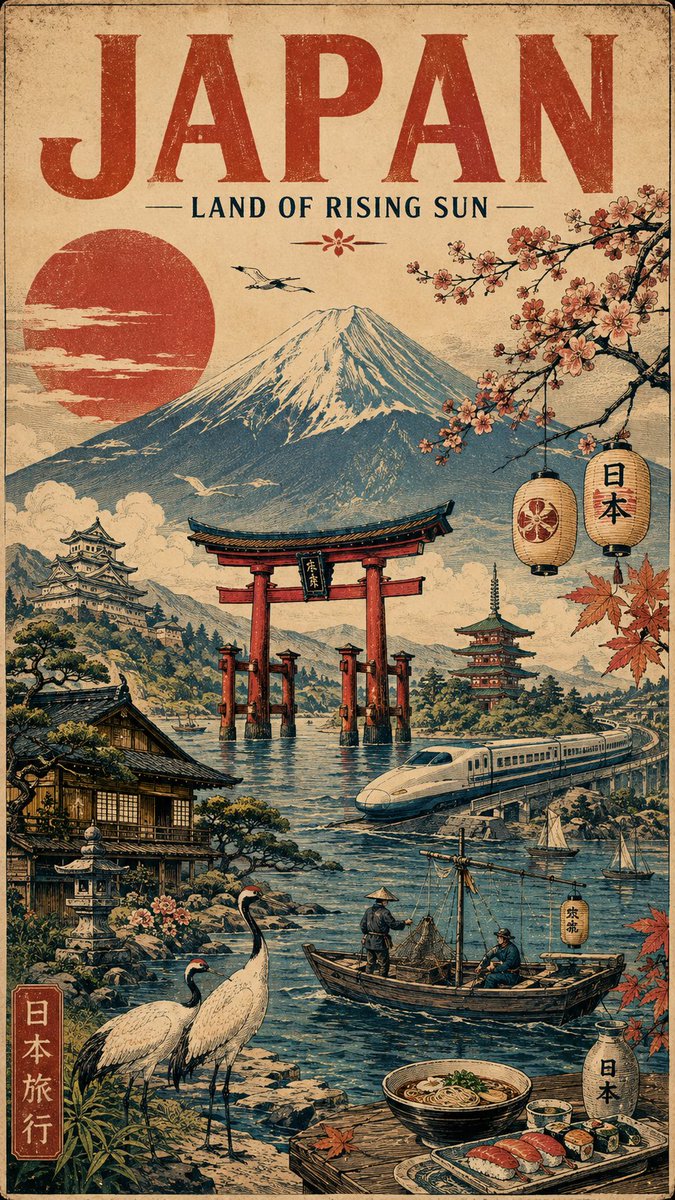 创作一张复古手工绘制的旅行海报，致敬 [COUNTRY / DESTINATION]，以诗意视觉拼贴的方式呈现，而非聚焦于单一地标。展现该目的地最具辨识度的地…