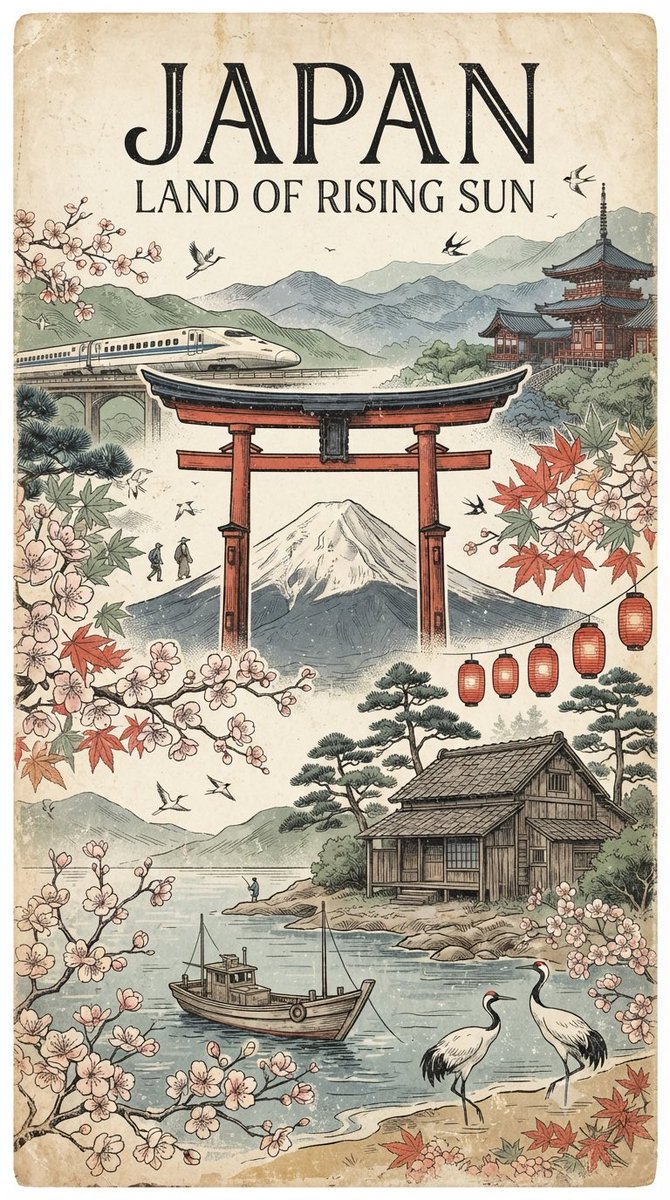 创作一张复古手工绘制的旅行海报，致敬 [COUNTRY / DESTINATION]，以诗意视觉拼贴的方式呈现，而非聚焦于单一地标。展现该目的地最具辨识度的地标、自然景观、文化符…