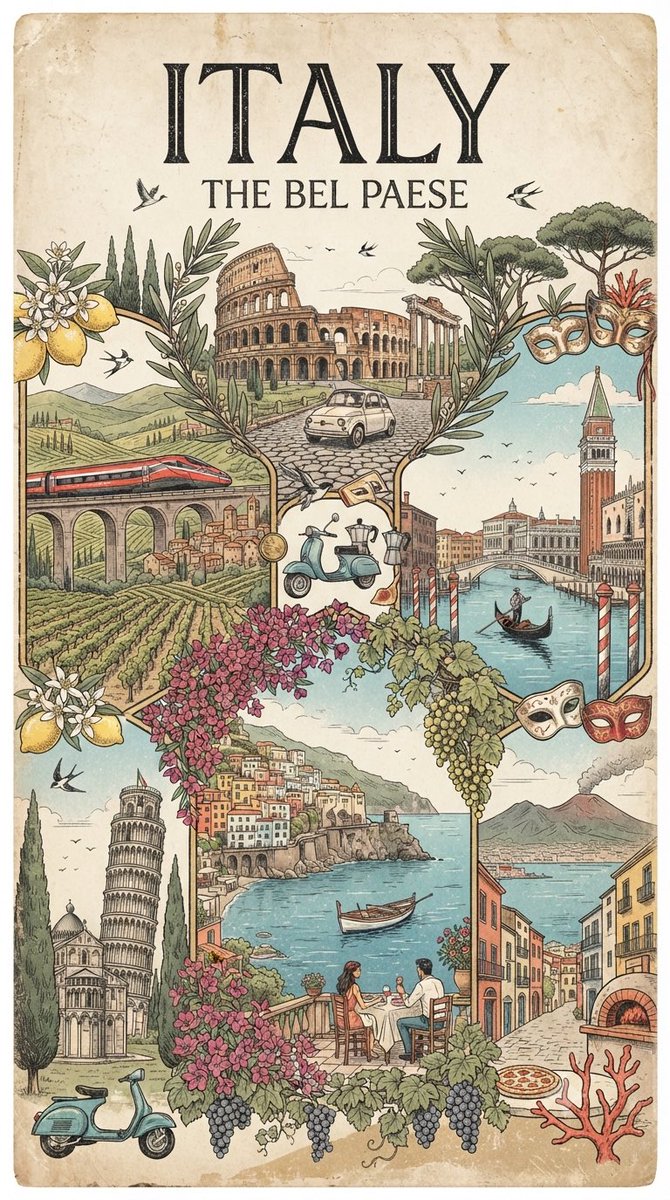 创作一张复古手工绘制的旅行海报，致敬 [COUNTRY / DESTINATION]，以诗意视觉拼贴的方式呈现，而非聚焦于单一地标。展现该目的地最具辨识度的地标、自然景观、文化符…