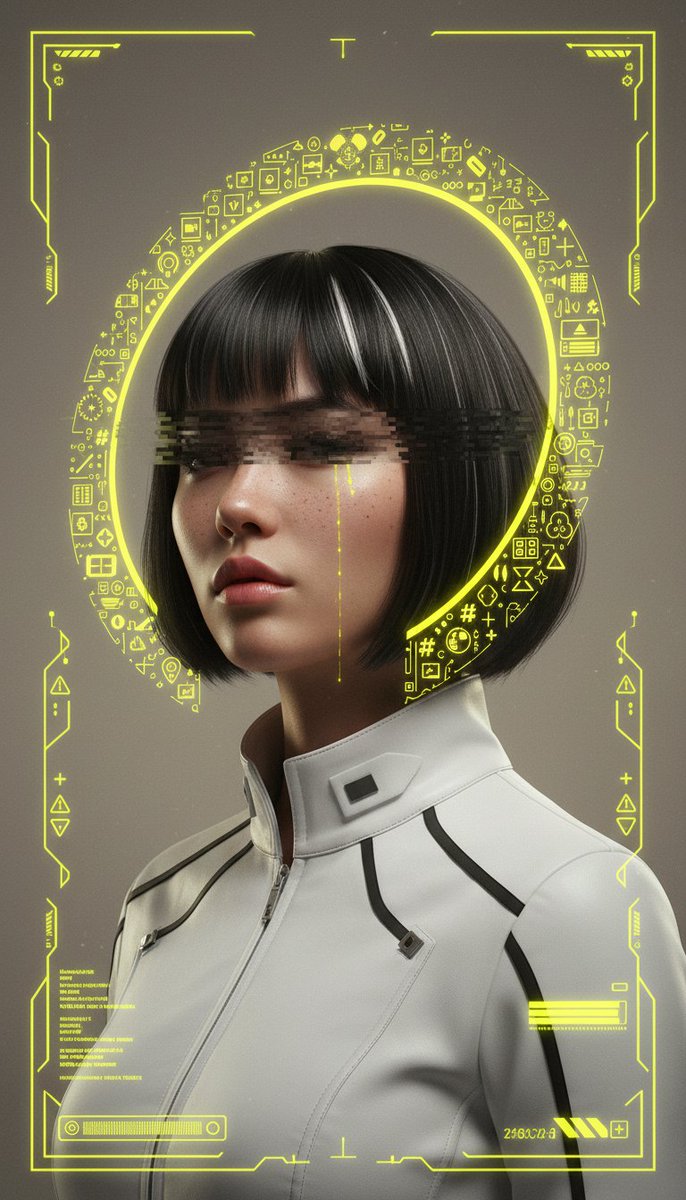 [Nano Banana Prompt] ar 9:16 创建一张高度精细的电影级赛博朋克人像海报，主体为一位年轻的东亚女性，留着黑色短波波头发型，头顶附近带…