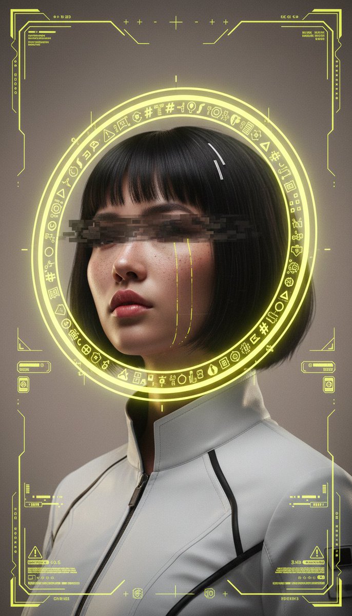 [Nano Banana Prompt] ar 9:16 创建一张高度精细的电影级赛博朋克人像海报，主体为一位年轻的东亚女性，留着黑色短波波头发型，头顶附近带有若隐若现的白色挑染…