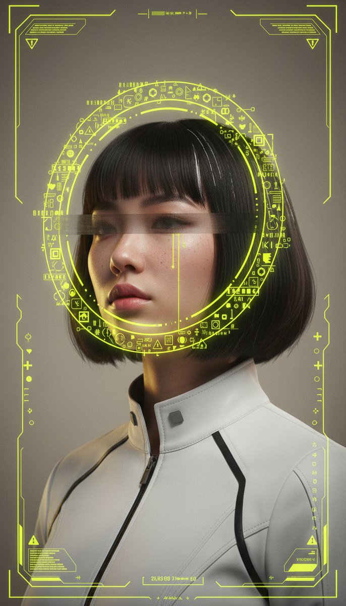 [Nano Banana Prompt] ar 9:16 创建一张高度精细的电影级赛博朋克人像海报，主体为一位年轻的东亚女性，留着黑色短波波头发型，头顶附近带有若隐若现的白色挑染…