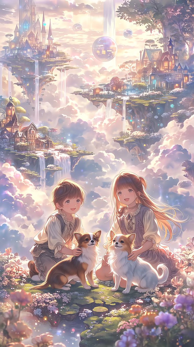 人物：两位年幼的兄妹，一个大约6岁、天真快乐的男孩和一个大约5岁、甜美微笑的女孩，穿着柔软的奶油色和米色童话风格衣服，跪在地上开心地与两只可爱的长毛吉娃娃玩耍，一只巧克力棕褐色吉…
