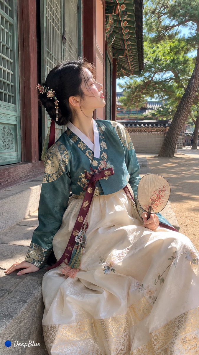 9:16竖幅，iPhone 17 Pro真实旅行随手抓拍，写实人像摄影；成年东亚女性，自然五官，真实皮肤与身材，黑色长发低发髻，传统韩式花饰发簪；传统朝鲜王朝…