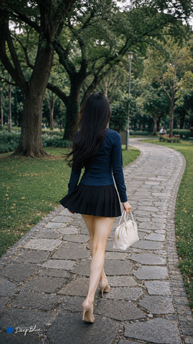同一成年东亚女性、同一人物、同一套造型贯穿4张:黑色长直发,纤细自然身材,修长但真实的腿部比例,冷感优雅气质,突出上围;藏青色修身长袖衬衫,黑色百褶短裙,裸色尖头细跟高跟鞋,白色…