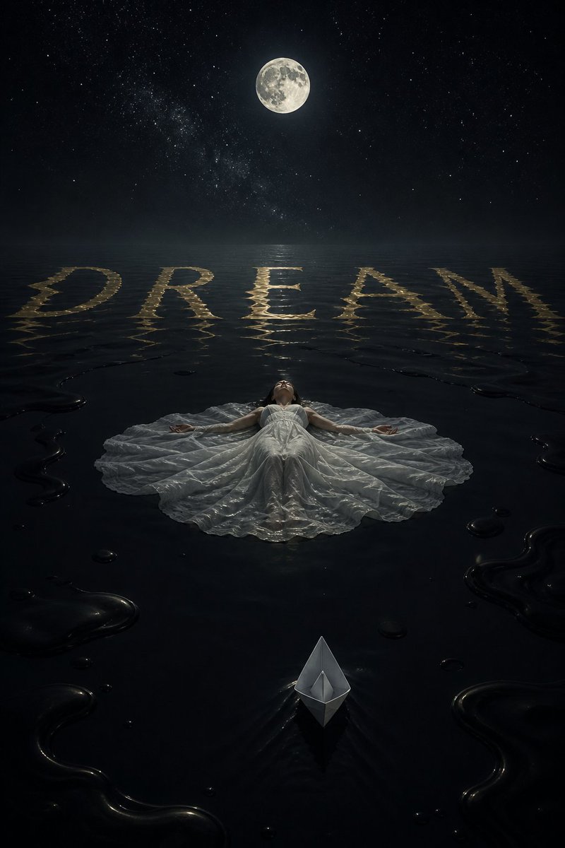 一个超现实的夜景。一片浩瀚的黑色墨水之海，平静无波，画面中央有一位仰面漂浮的女子——她的白色裙摆如睡莲般舒展——墨水表面以金色拼写出唯一一个单词"DREAM"…