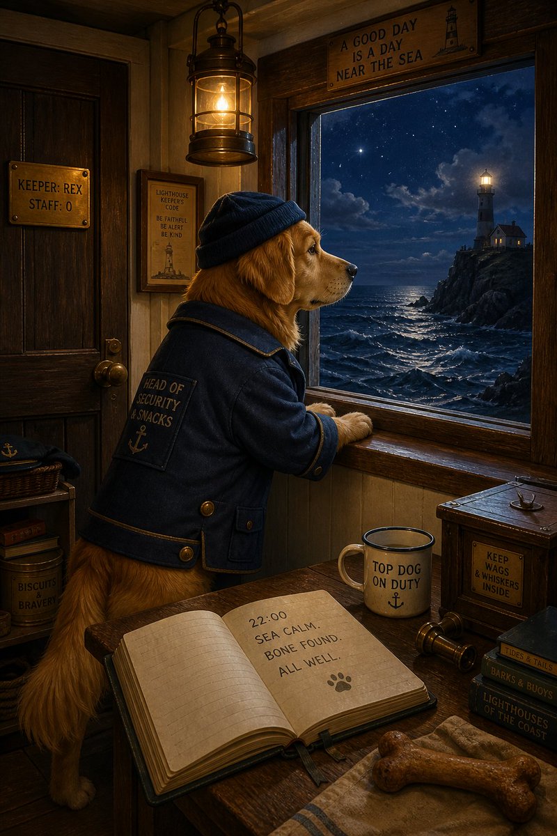 一幅精细的插画。一只金毛猎犬穿着小小的守塔人外套，站在灯塔的窗前，望向大海——桌上的航海日志写着"22:00:海面平静。发现骨头。一切安好。"——门上一块小小…
