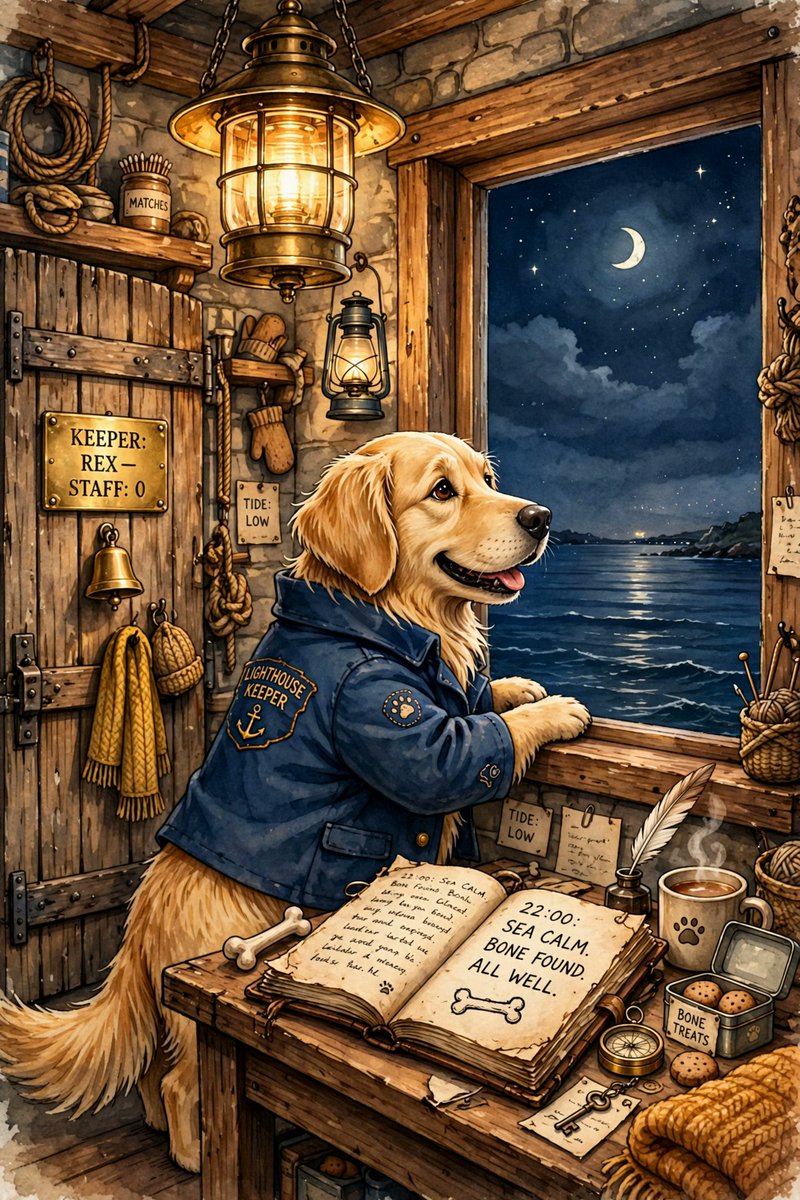 一幅精细的插画。一只金毛猎犬穿着小小的守塔人外套,站在灯塔的窗前,望向大海——桌上的航海日志写着"22:00:海面平静。发现骨头。一切安好。"——门上一块小小的黄铜铭牌写着"KE…