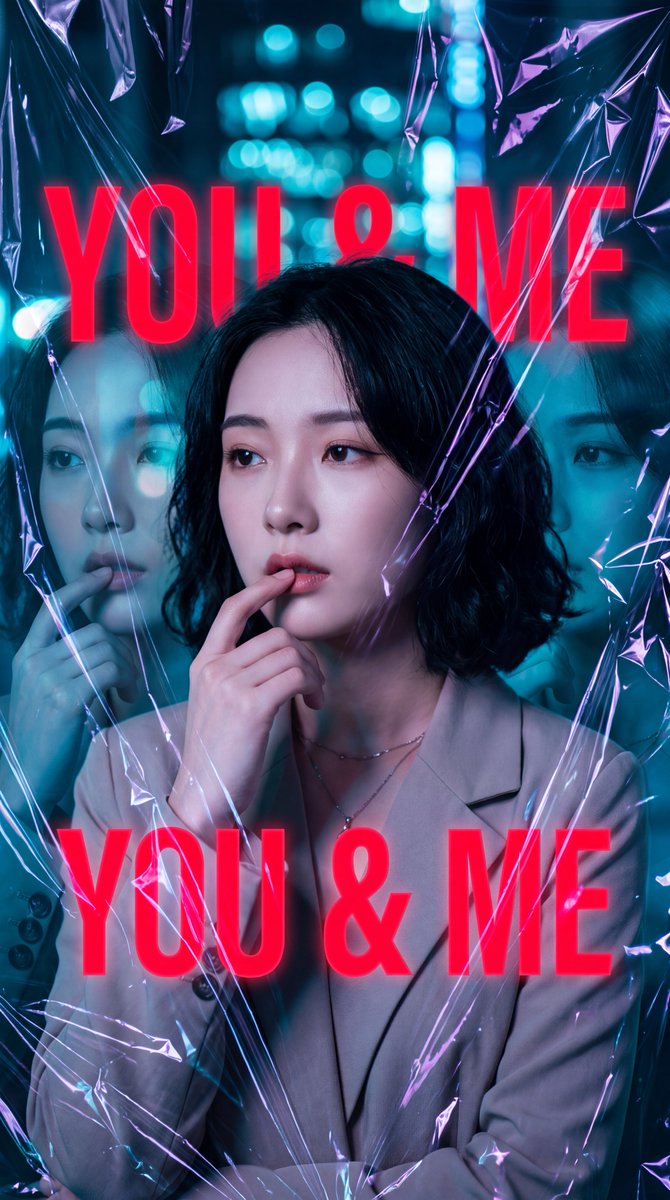 一张高度风格化的电影感时尚人像照：一位年轻的东亚女性，留着短而微卷的黑发，妆容自然柔和，神情若有所思，右手食指轻触嘴唇。她身穿一件浅米色立体剪裁西装外套，内搭…