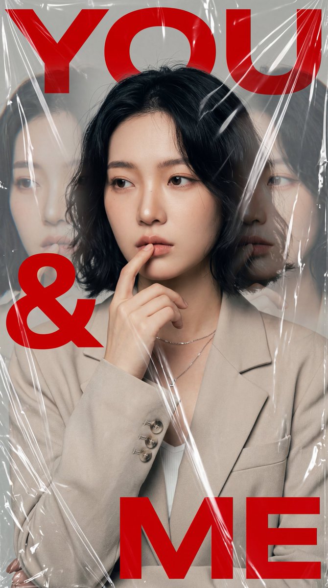 一张高度风格化的电影感时尚人像照：一位年轻的东亚女性，留着短而微卷的黑发，妆容自然柔和，神情若有所思，右手食指轻触嘴唇。她身穿一件浅米色立体剪裁西装外套，内搭白色上衣，颈间佩戴一…