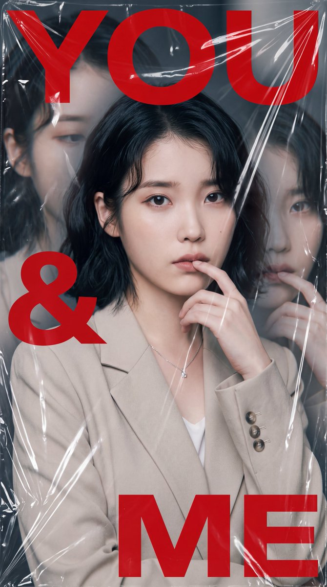一张高度风格化的电影感时尚人像照：一位年轻的东亚女性，留着短而微卷的黑发，妆容自然柔和，神情若有所思，右手食指轻触嘴唇。她身穿一件浅米色立体剪裁西装外套，内搭白色上衣，颈间佩戴一…