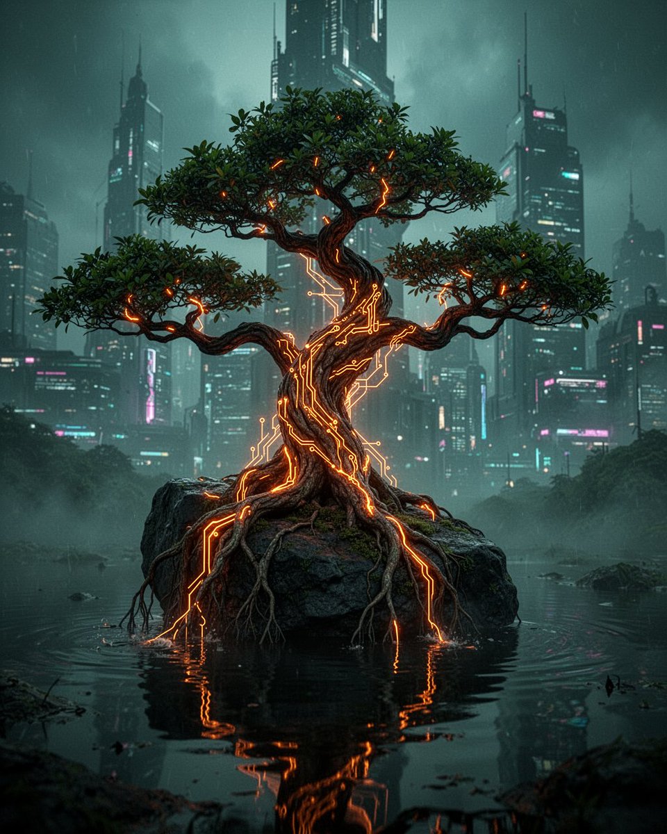一棵盆景树，其树干、扭曲的枝条和根系中流淌着发光的霓虹橙色电路状脉络，栖息在一块深色岩石上，根系垂落入一汪静止的倒影水池，朦胧的赛博朋克城市天际线在雾霭弥漫的…