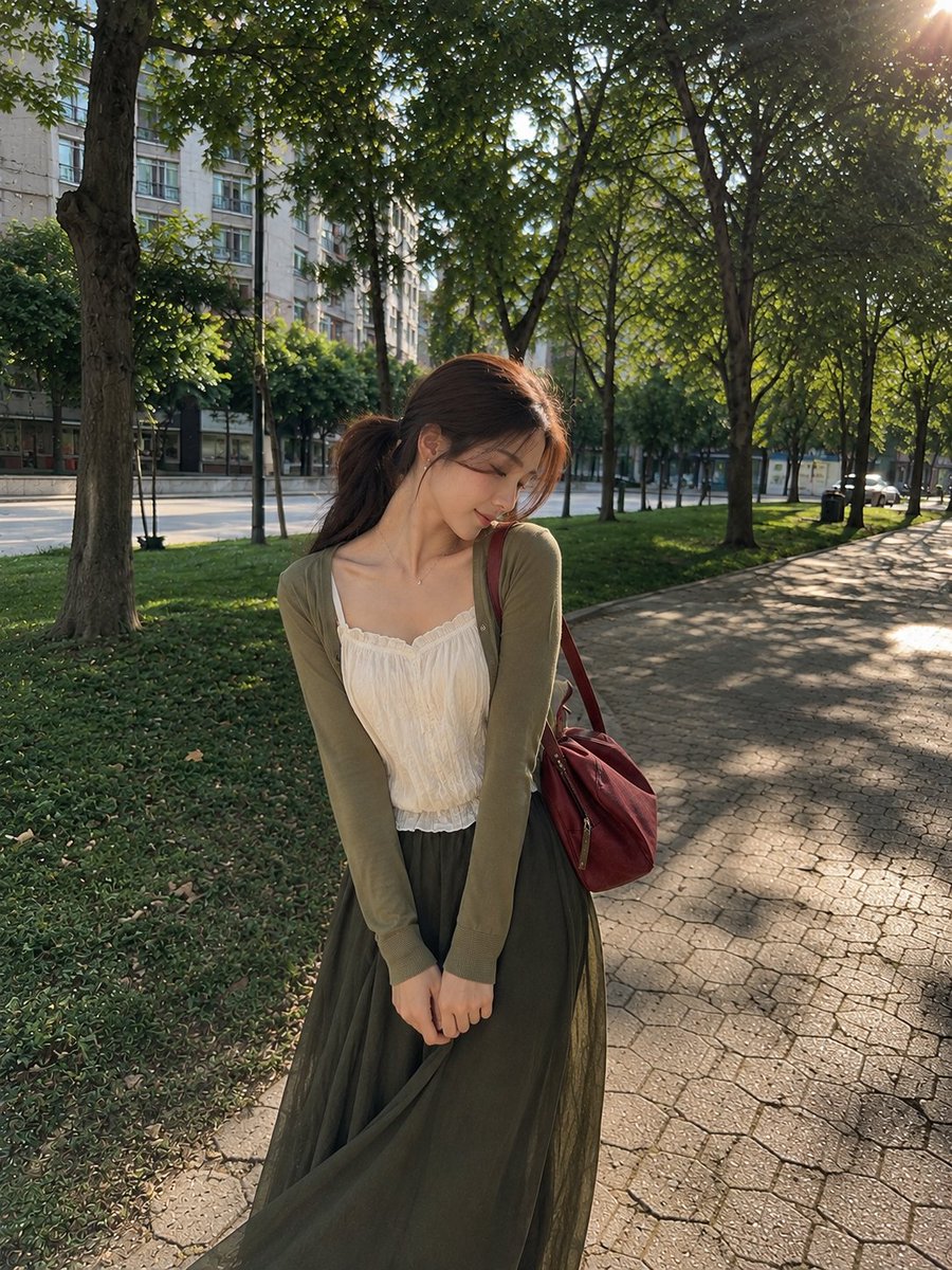 一张照片般逼真的抓拍户外肖像,画面中一位年轻女子在晴朗的午后站立于宁静的城市公园。她留着一头深棕色长发,梳成松散的低马尾,几缕纤细的碎发轻柔地垂落在脸庞两侧。她目光柔和地望向侧方…