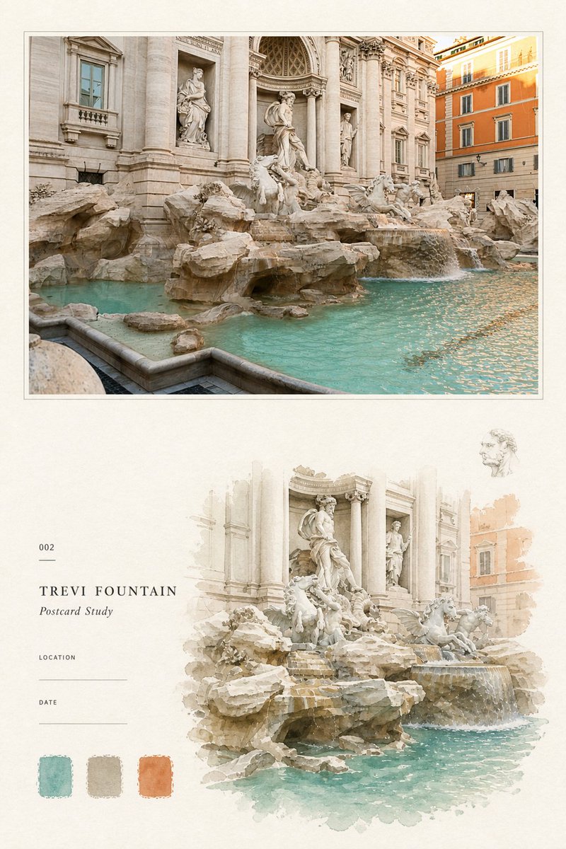 【PALETTE POSTCARD STUDY POSTER｜旅行色卡水彩研究海报】 这种把旅行照片重新摊开成一页观察手记的感觉。 上面留住真实的光和街道， 下面只捡回最值得记住…