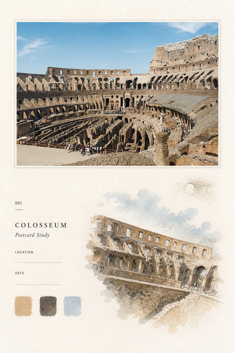 【PALETTE POSTCARD STUDY POSTER｜旅行色卡水彩研究海报】 这种把旅行照片重新摊开成一页观察手记的感觉。 上面留住真实的光和街道， 下面只捡回最值得记住…