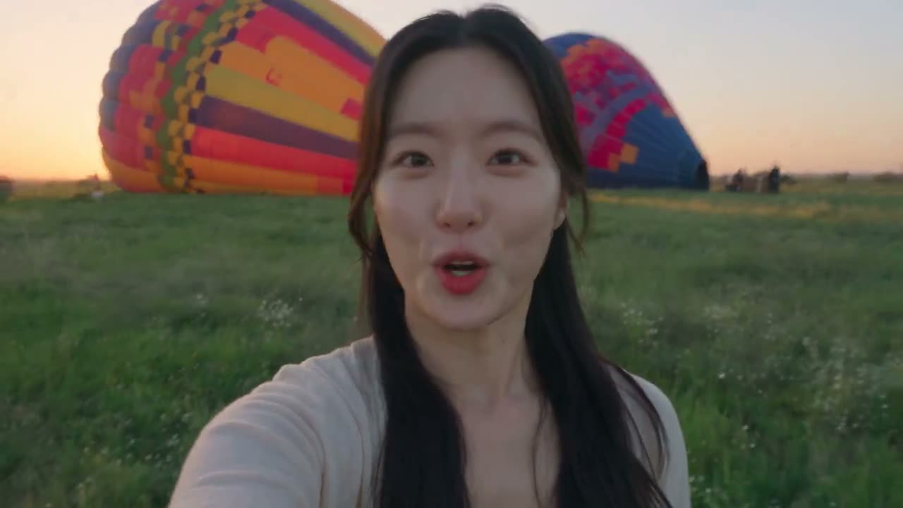 一段超写实的随性智能手机Vlog，捕捉一位二十出头的年轻韩国女性体验清晨热气球冒险的美好过程。画面充满私密感和自发性，主要由她以手臂长度的自拍模式拍摄，偶尔切…