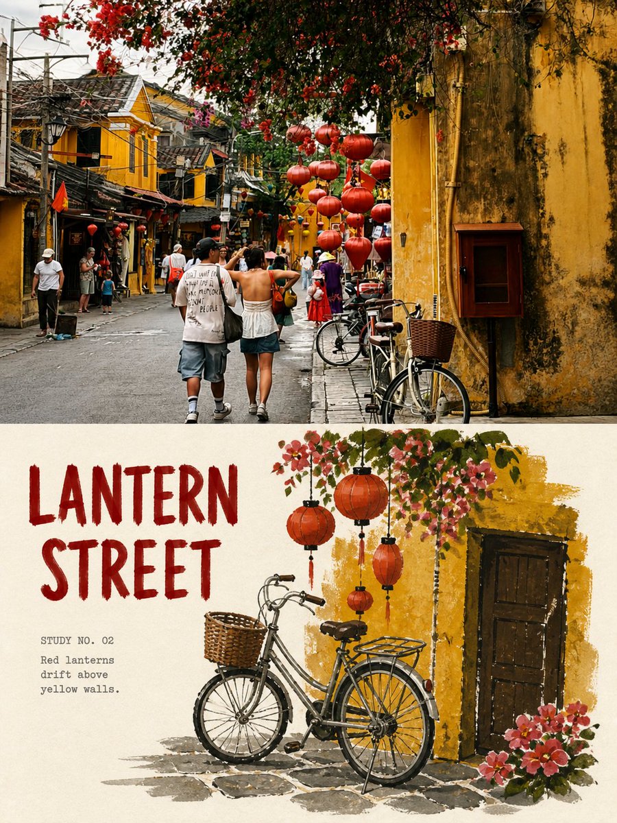 请将我上传的每一张旅行照片分别制作成一张独立的「浓彩水粉旅行静物」对比海报。每张照片单独输出，不得把多张照片拼接在同一作品中。 整体采用3:4竖版构图。画面上下分为两个高度接近1…