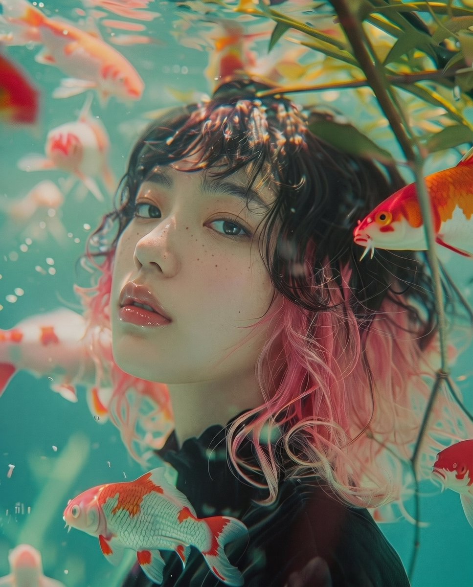 思绪沉溺，随色彩漂流 使用 Midjourney v6.1 制作 提示词 水下沉浸式电影感特写肖像，一位年轻东亚女性沉入水中，周围环绕着游动的发光红白锦鲤。她…