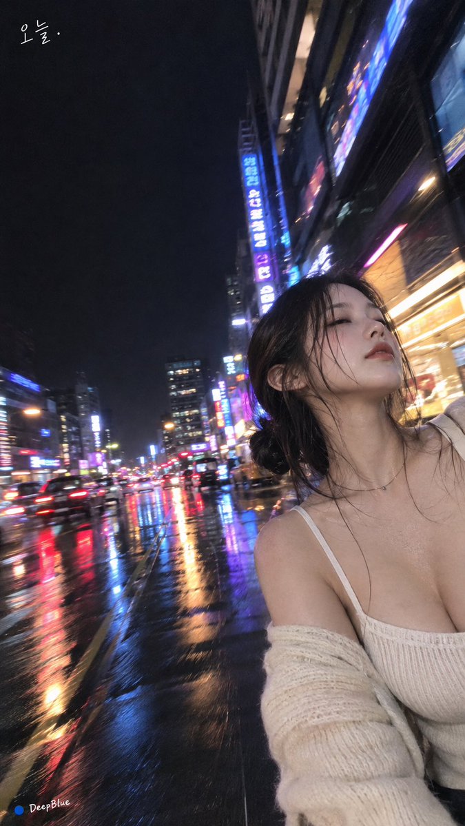 9:16竖幅，真实手机摄影。韩国成年女性，白皙自然肤质，深色头发随意扎成低松发髻，几缕湿发垂落脸侧；米白色细肩带针织上衣，宽松米白针织开衫自然滑落肩部，极细金属项链。 深夜韩国城…