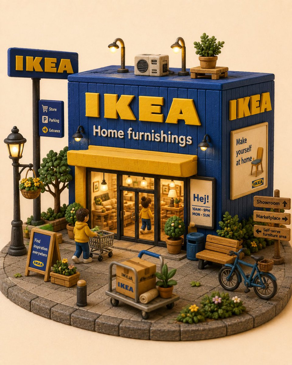 创作一个迷人的手工微缩立体场景模型，以 [STORE / BRAND NAME]（店铺/品牌名称）作为主要焦点。将这个辨识度高的店面重新构想为一个温馨、奇幻的 3D 黏土微缩模型…