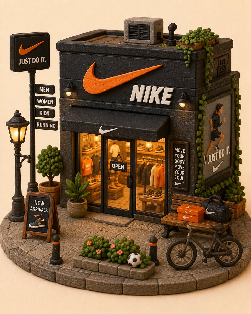 创作一个迷人的手工微缩立体场景模型，以 [STORE / BRAND NAME]（店铺/品牌名称）作为主要焦点。将这个辨识度高的店面重新构想为一个温馨、奇幻的 3D 黏土微缩模型…