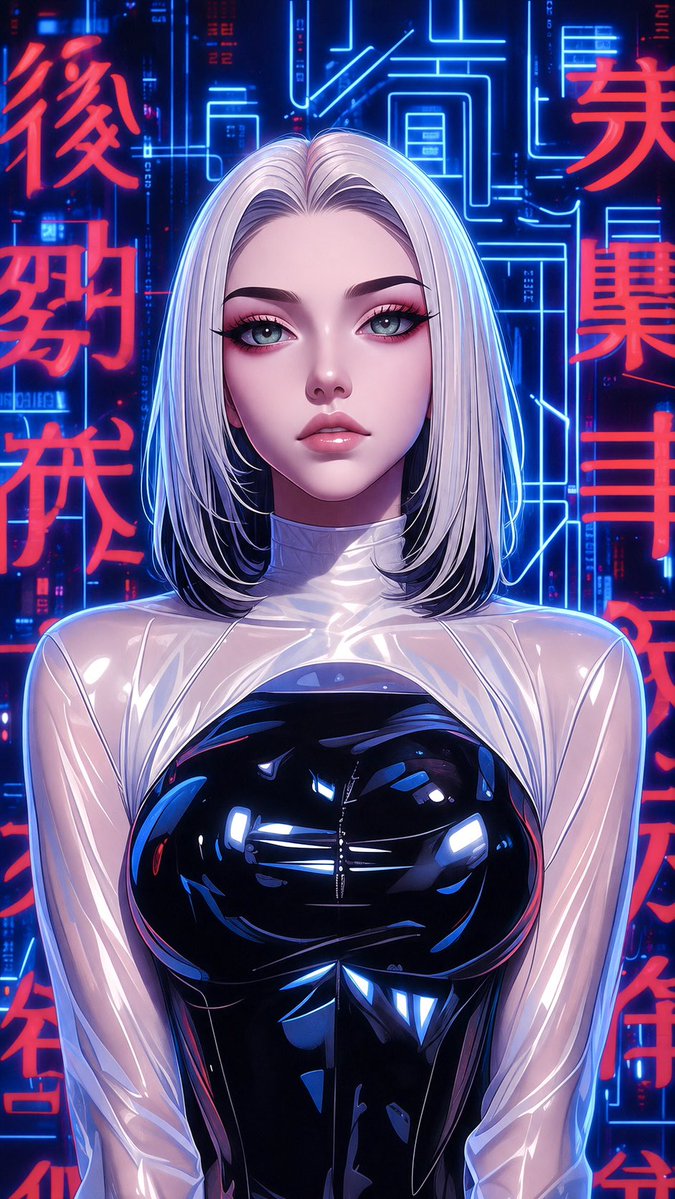 风格化肖像:一位年轻女性,留着银色短发,眼睛呈翡翠绿色,身穿带有金属饰边的时髦未来主义白色服装。背景为未来都市霓虹景致,带有旋转的全息图案。动漫风格的数字绘画,柔和而鲜明的渲染…
